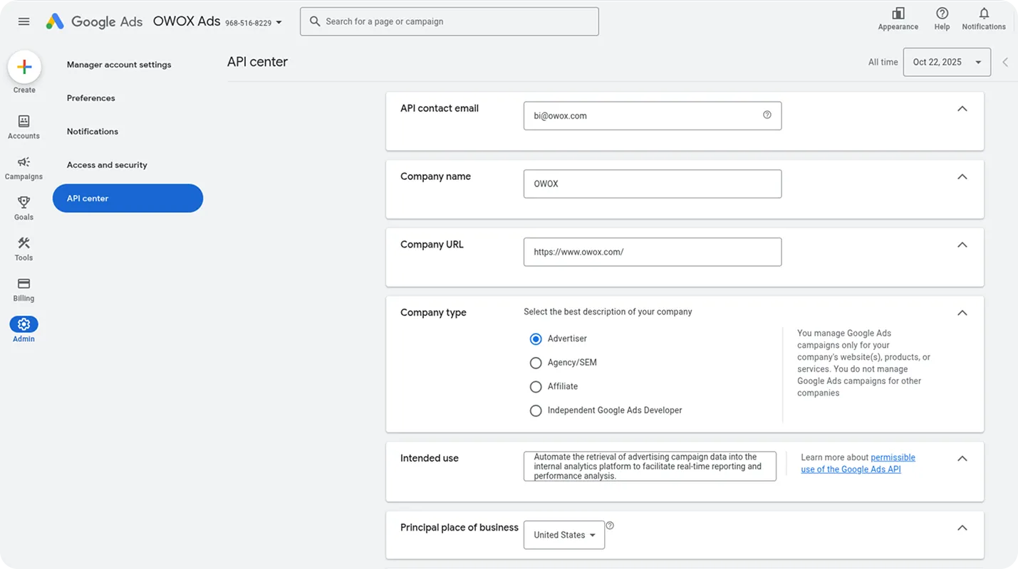 Google Ads API Center registration form