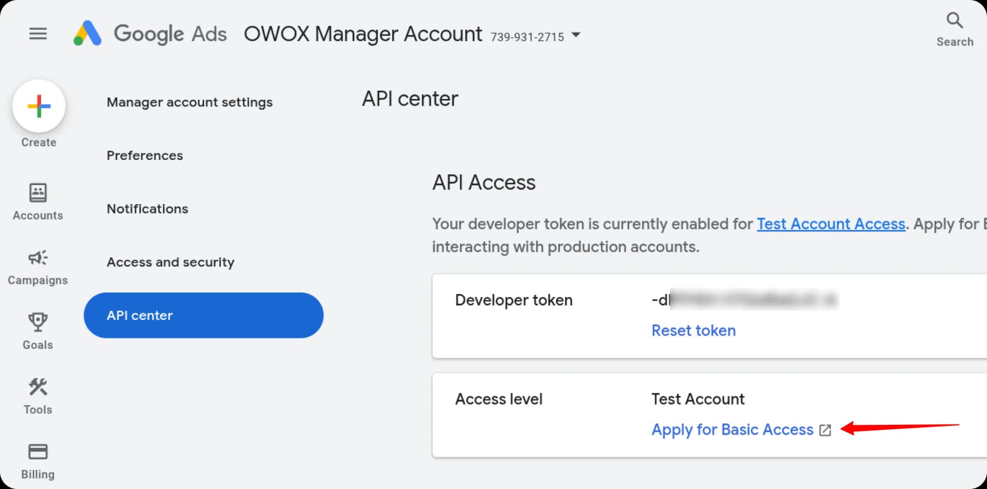 Apply for Basic Access button in API Center