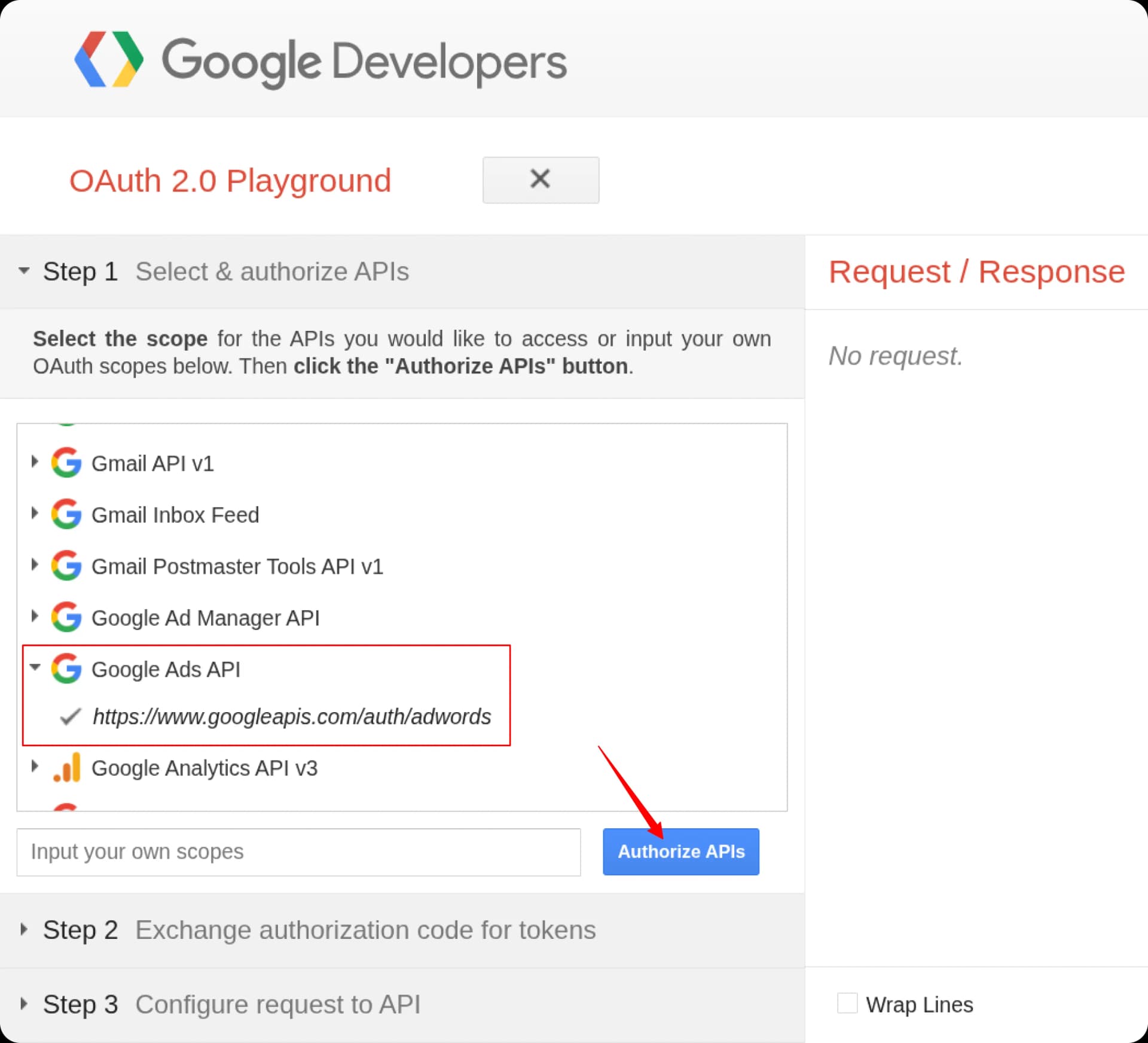OAuth Playground — select Google Ads API scope and click Authorize APIs