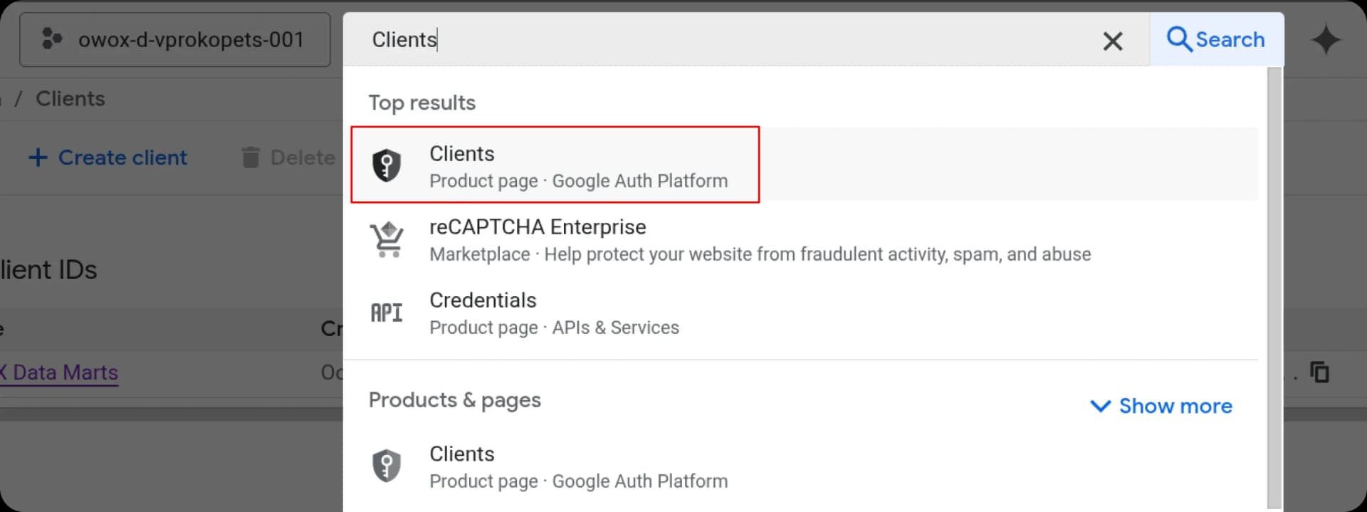 Google Auth Platform — Clients page, click Create Client