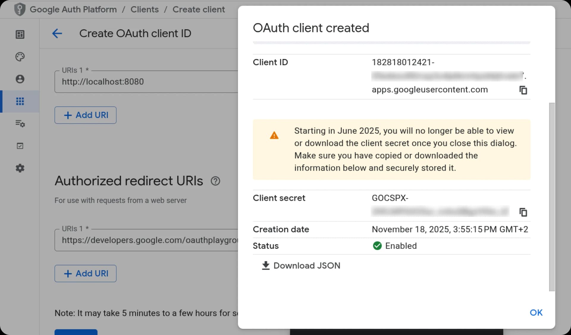 Client ID and Client Secret displayed after creating the OAuth client