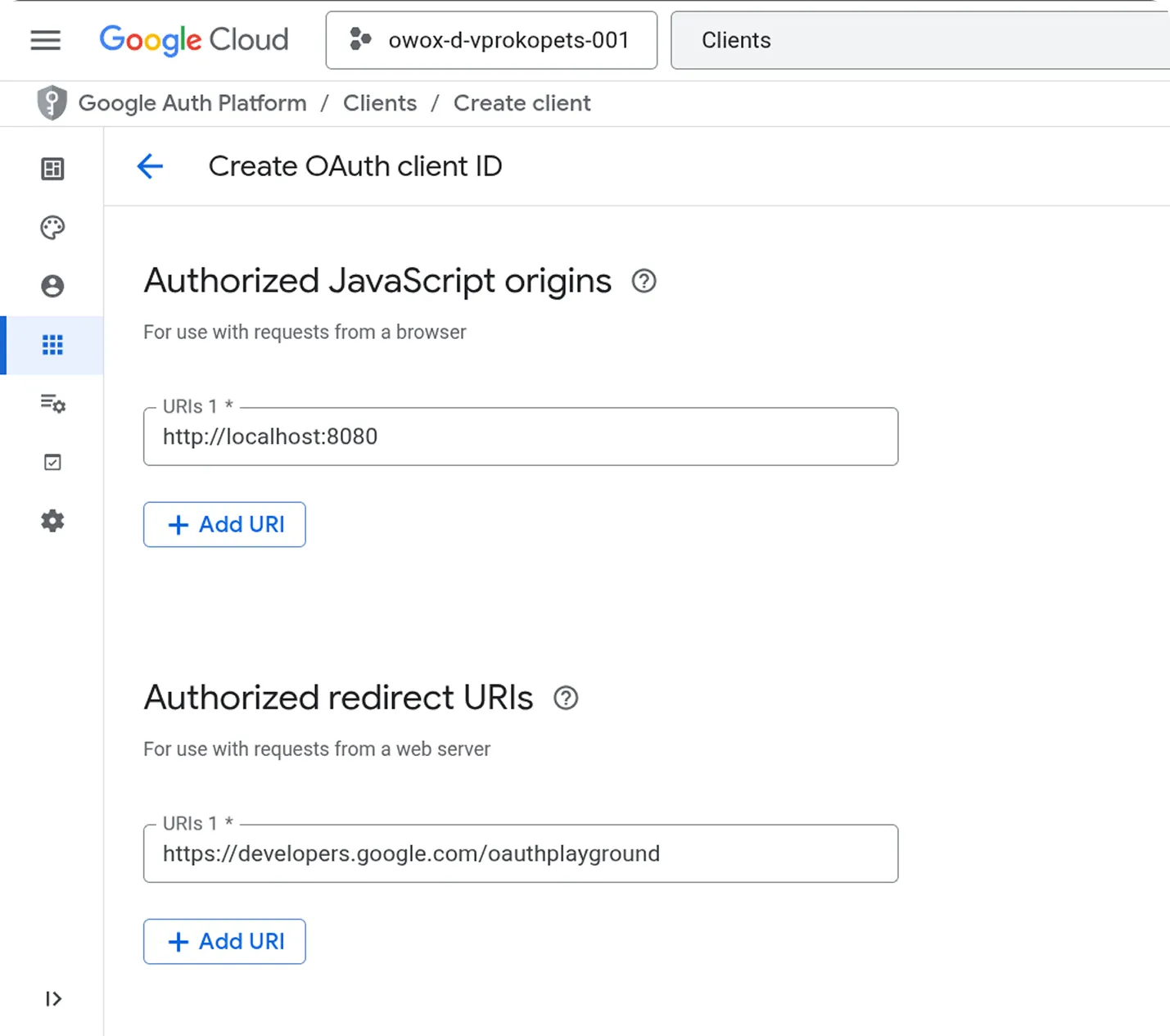 Create OAuth Client form — Web Application type with OAuth Playground redirect URI
