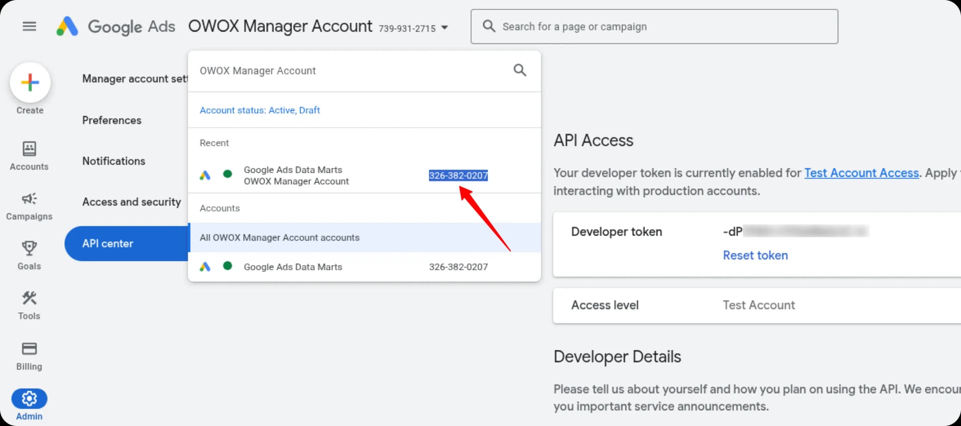 Google Ads API Center showing Developer Token, and MCC account ID in top-right corner