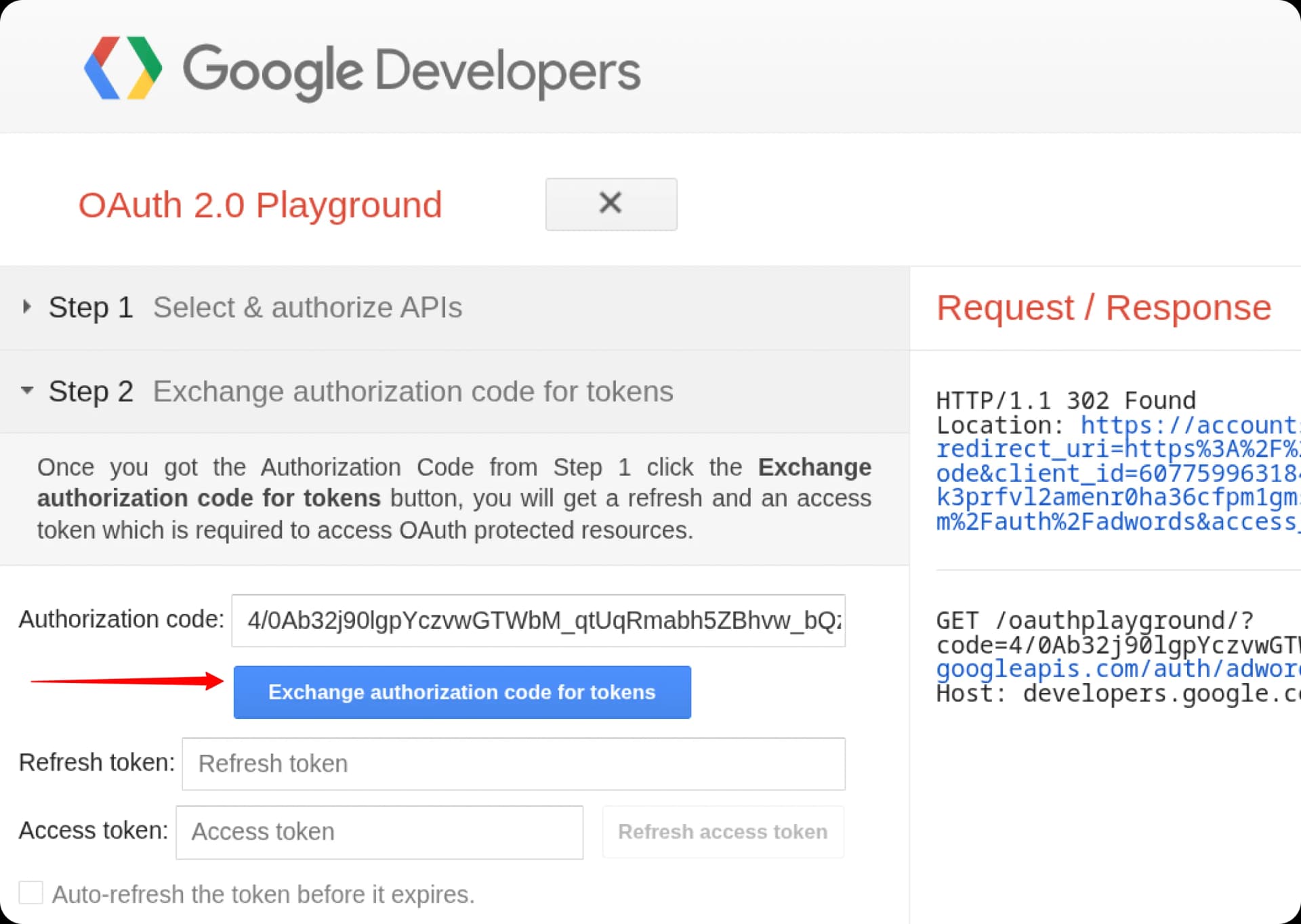 OAuth Playground — Exchange authorization code for tokens button