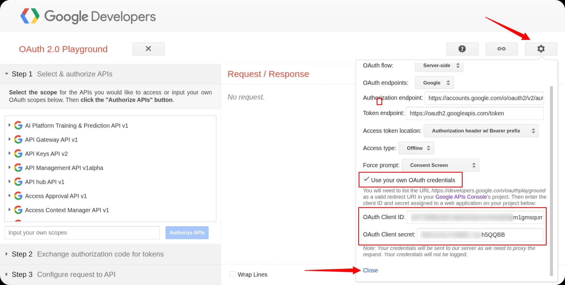 OAuth Playground — gear icon, Use your own OAuth credentials, paste Client ID and Secret