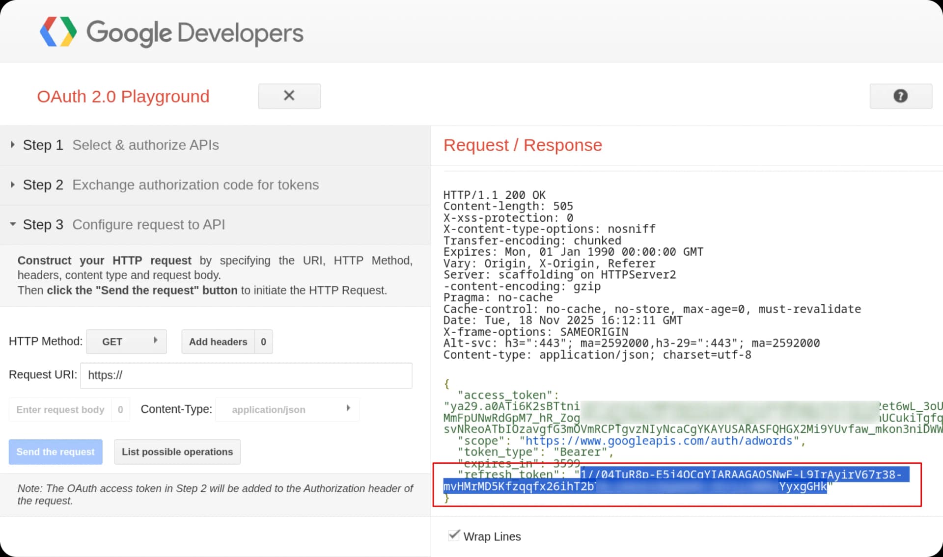 OAuth Playground — Refresh Token visible in the right panel