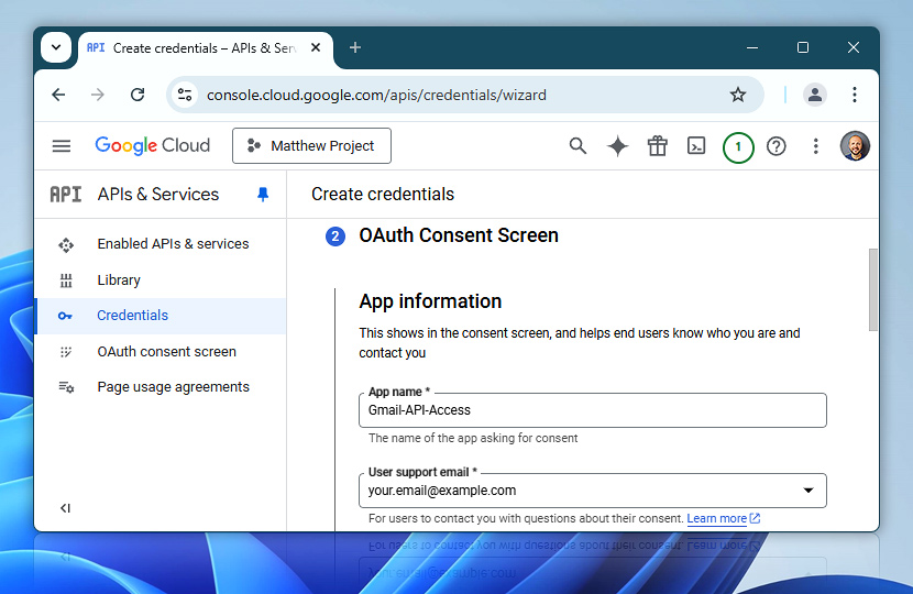 OAuth consent screen — fill in app name and email