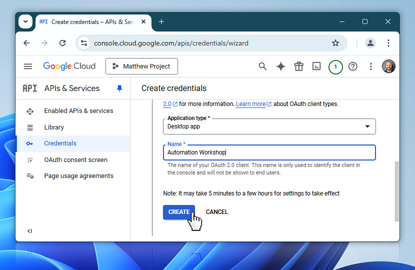 Credentials → Create OAuth client → Desktop app type