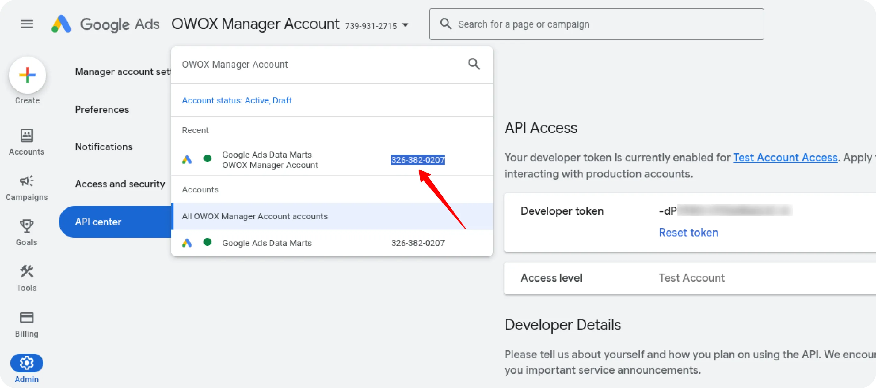 Developer token in the Google Ads API Center