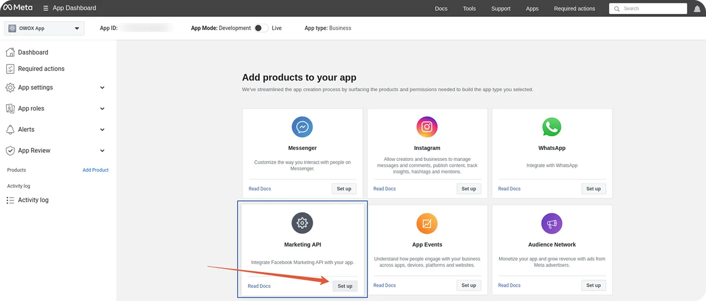 Marketing API — click Set Up