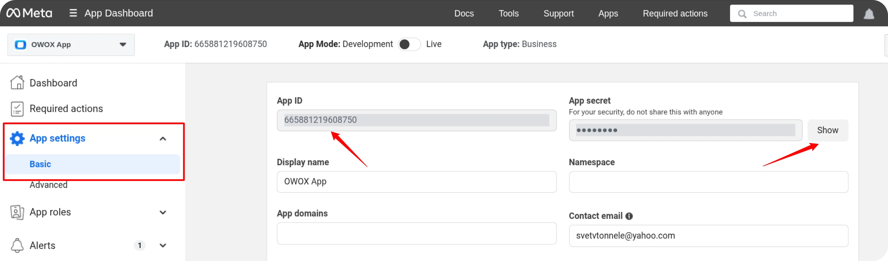 Settings → Basic — App ID and App Secret