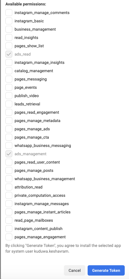 Token dialog — tick ads_read then Generate
